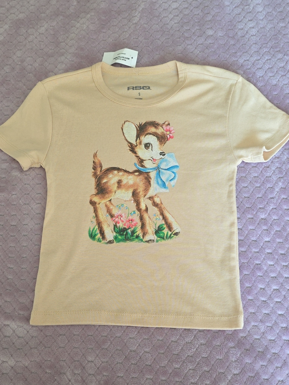 RSQ Cream Womens Tee with Fawn and Blue Bow Graphic